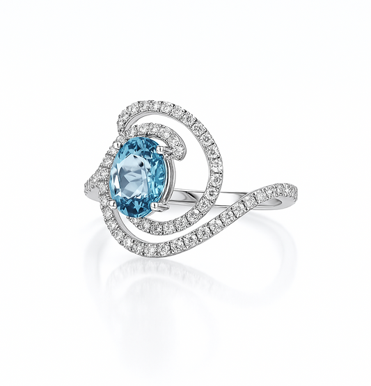 White Gold Natural Blue Zircon and Diamond Ring. 14k, Z: 1.6ct, TDW: 1.44ct, VS, GH