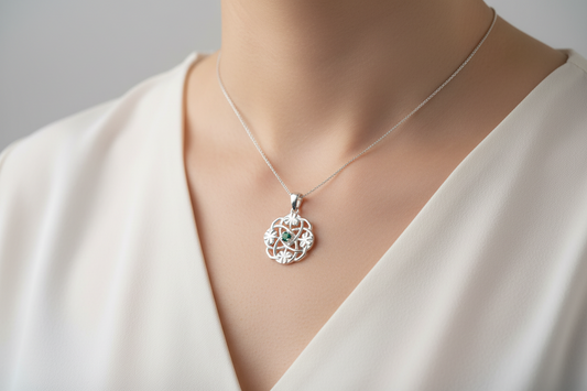 Sterling Silver Flower Shape with Green Jade In the Middle Pendant 925