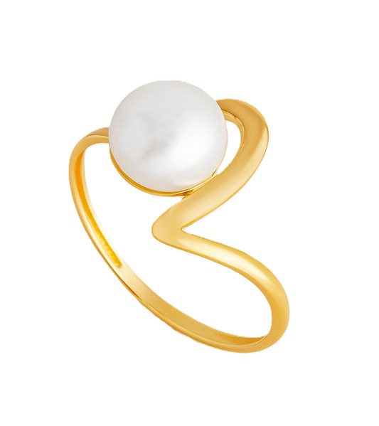 Yellow Gold wave style Ring with One Freshwater Pearl, 18k