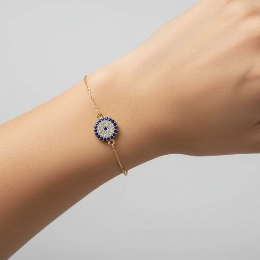 18K Yellow Gold Colorful CZ Evil Eye Bracelet
