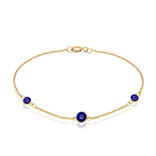 Yellow Gold Bracelet with three Evil Eye 7 to 7 1/2 Inches 18k 1.81gr
