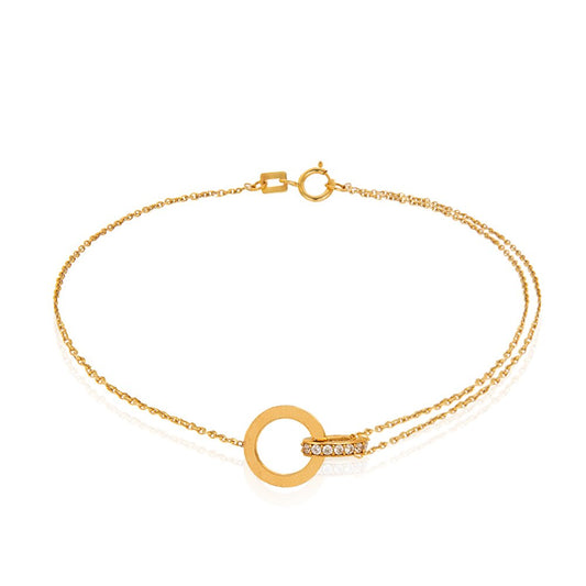 Yellow Gold Chain Bracelet with two hoops together setting with Cubic Zirconia, 18k,  7 1/2 Inches