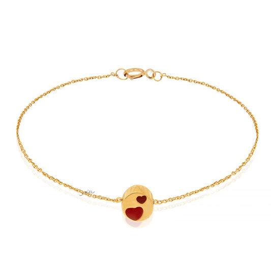 Yellow gold bracelet with one circle design with two red heart. 18k, 1.82