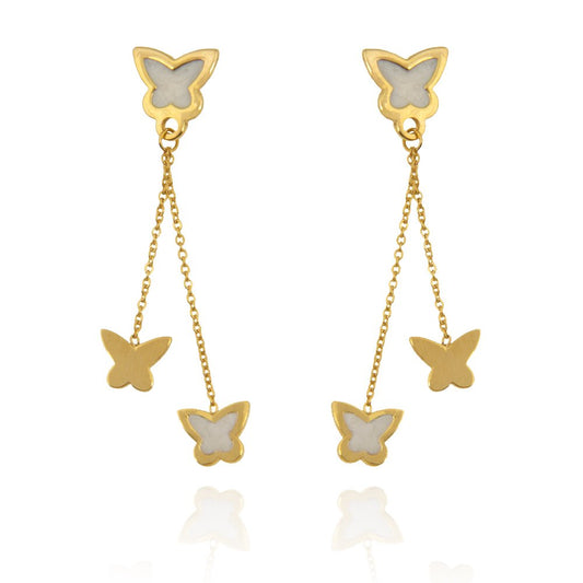 Yellow Gold Dangling earring with two long chains and Butterfly setting with Enamel 18k 2.21gr