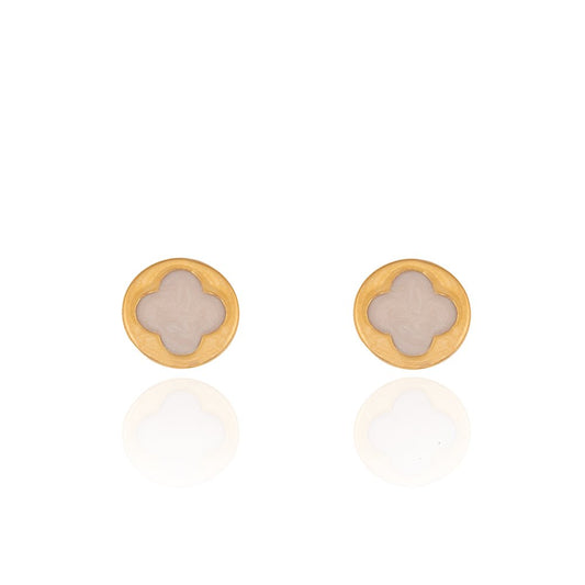 Yellow Gold Stud round Earring with a Flower in white Enamel in Center, 18k, 1.6gr