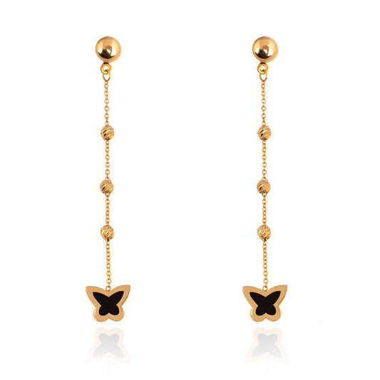 Yellow Gold long earring setting with Butterfly in black enamel 18k 1.93gr