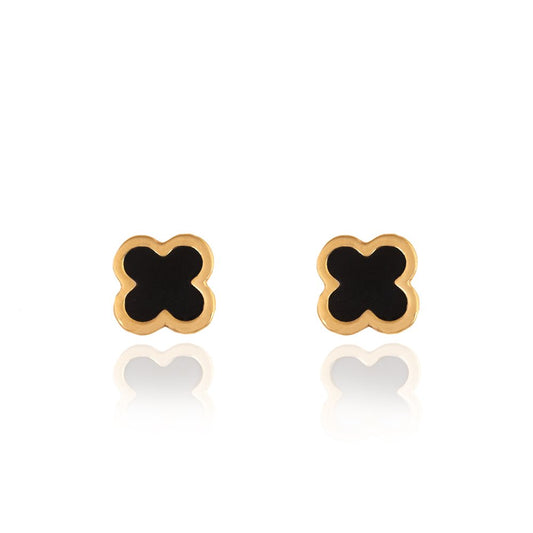 Yellow Gold Stud Earring clover with black Enamel 18k 1.28gr