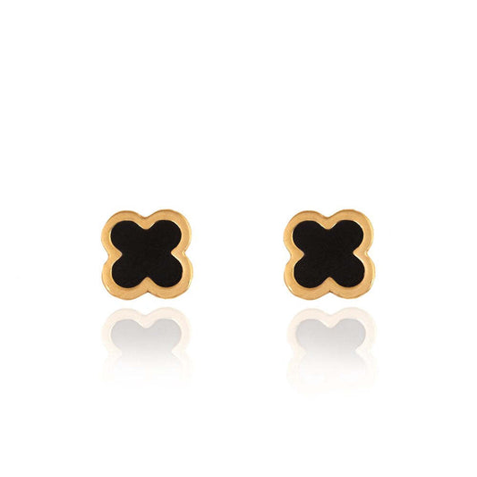 Yellow Gold Stud Earring clover with black Enamel 18k 1.28gr