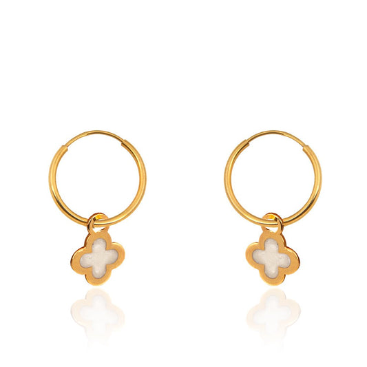 Yellow Gold Hoop earring with one Clover setting with White enamel 18k 1.48gr