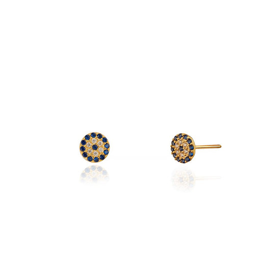 Yellow Gold circle Earring setting with blue and white Cubic Evil Eye style 18k , 2.3gr