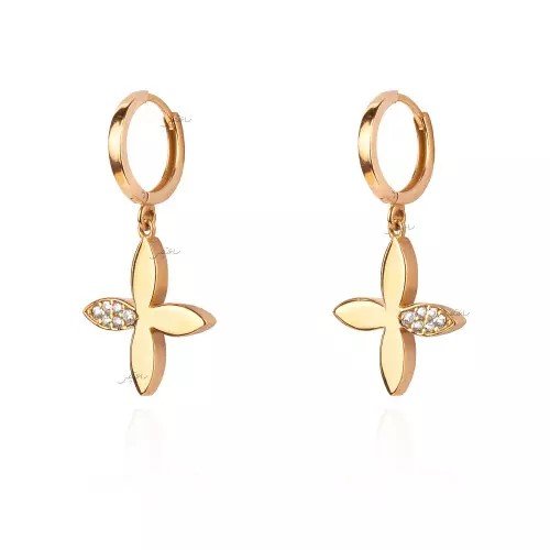 Yellow Gold Dangling Earring with flower setting with Cubic Zirconia, 18k, 3.51gr