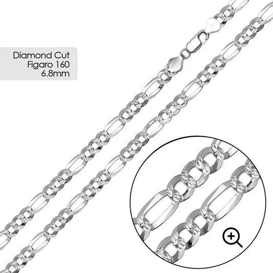 Sterling Silver Diamond Cut Figaro 160 6.8mm Bracelet,925