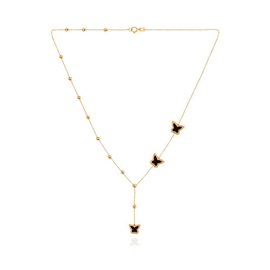 Yellow gold Y Necklace with three butterfly in black enamel 18k 3.43gr