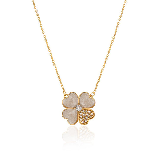 Yellow gold necklace with one flower in white enamel and Cubic Zirconia 18k 4.83gr