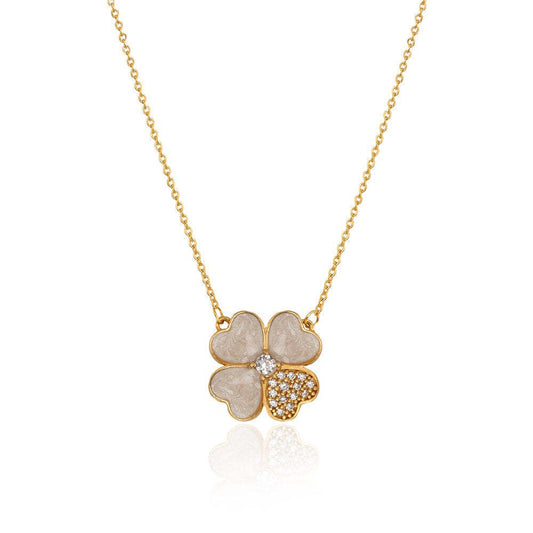 Yellow gold necklace with one flower in white enamel and Cubic Zirconia 18k 4.83gr