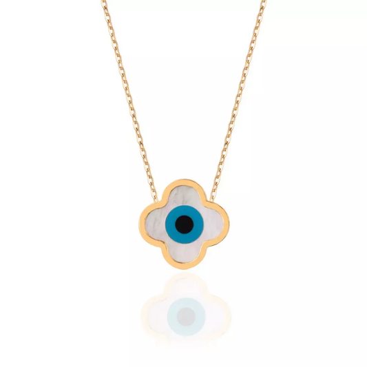 Yellow Gold Necklace with one Clover setting with Evil Eye, 18k, 3.18gr