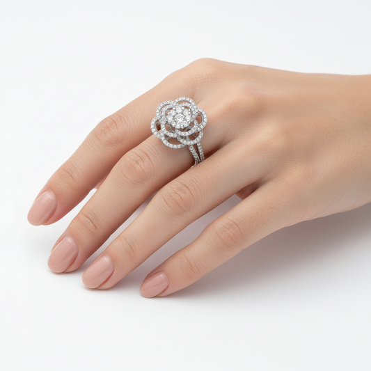 White Gold Flower Style Diamond Ring 130 Round Diamonds , 18k, TCW: 0.78ct VS GH