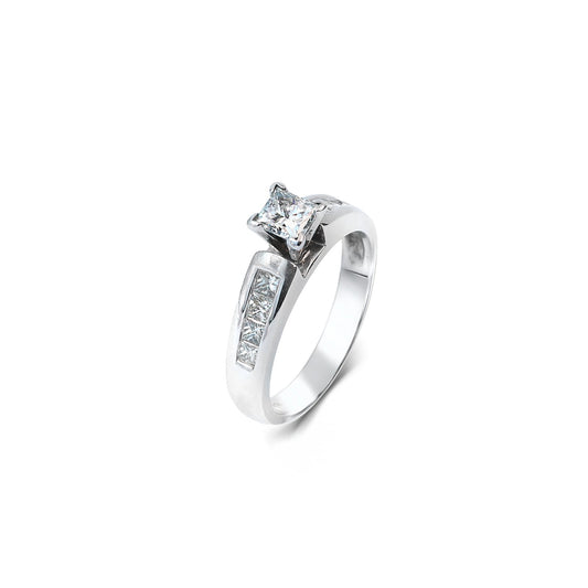 White Gold Engagment Ring with one Princess cut Diamond 0.55CTVS2-HI in center and four Princess cut diamonds in each Shank  1TDW