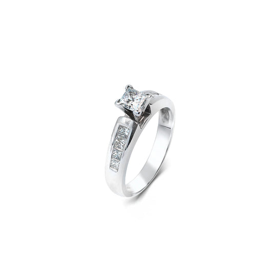 White Gold Engagment Ring with one Princess cut Diamond 0.55CT, VS2-HI in center and four Princess cut diamonds in each Shank TDW: 1ct , 14k