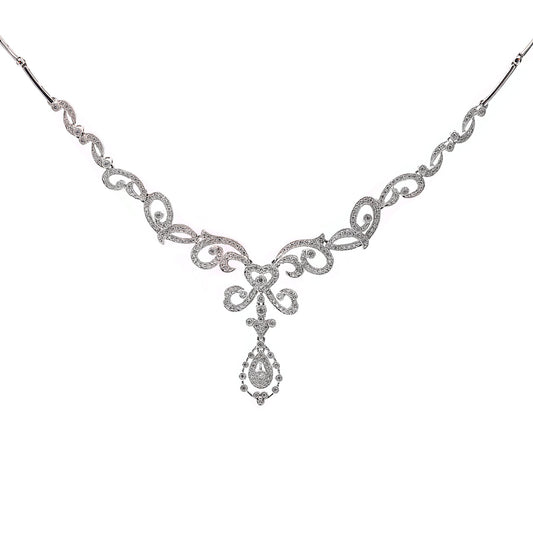 White Gold Floral Design Classic Diamond Necklace. TDW: 1.55ct. VS-SI1. G 14k
