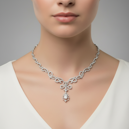 White Gold Floral Design Classic Diamond Necklace. TDW: 1.55ct. VS-SI1. G 14k 17.1gr