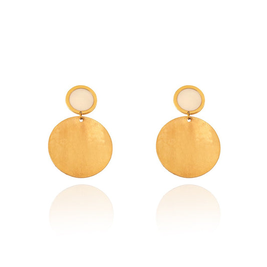 Yellow gold earrings with two circles the smaller has with white enamel 18k 6.18gr