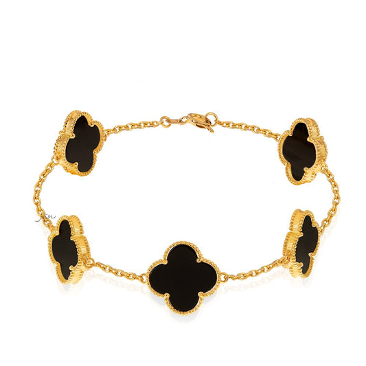 Yellow Gold clover Bracelet with 5 Onyx Total weight: 10.47 18k