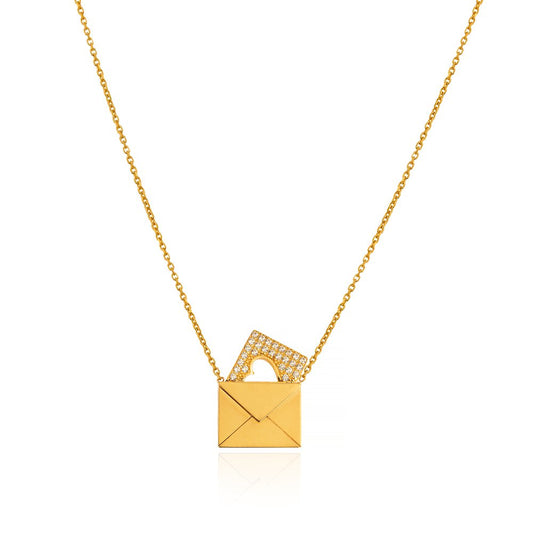 Yellow Gold Envelop and Heart Cart Necklace Length: 18 inches Adjustable. 18k 3.1gr