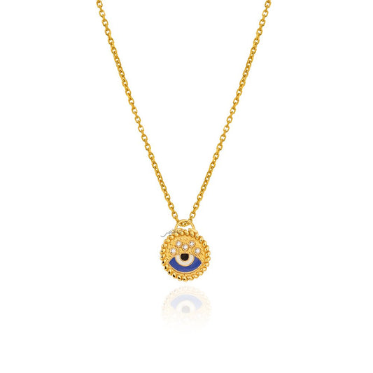 Yellow Gold Enamel Evil Eye and CZ Stars Circle Shape Pendant 18k 1.74gr Chain is not Included.