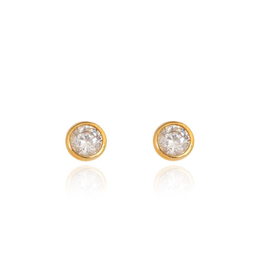 Yellow Gold Basel Setting CZ Stud Earrings ,18k