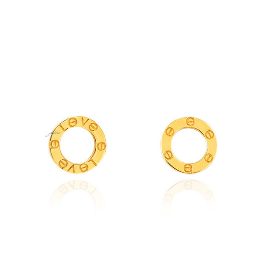 Yellow Gold Stud Circle Earrings with engraving, 18k 3.78gr