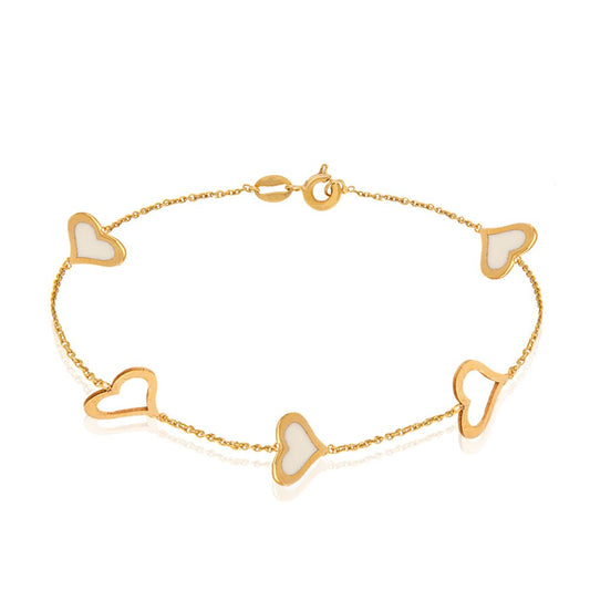 Yellow Gold station Bracelet with heart setting in white enamel , 18k, 3.1gr