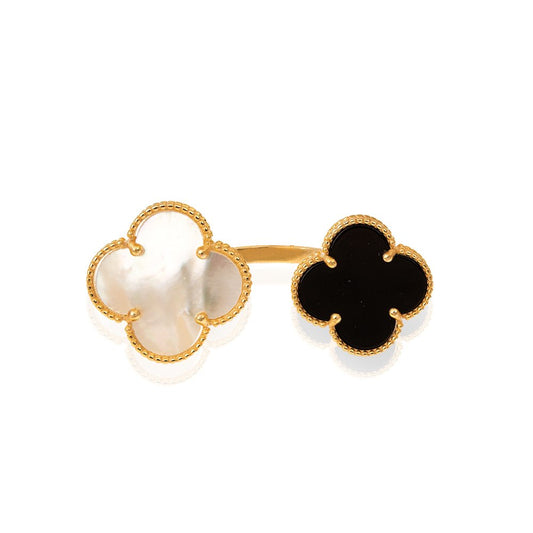 Yellow Gold open ring with two Clover setting with Mother of Pearl and Onyx 18k 5.2gr