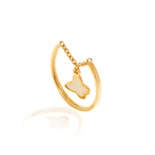 Yellow Gold Ring with one Dangling Butterfly in White Enamel 18k 1.5gr