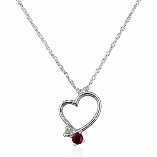10K White Gold Open Heart Pendant with Ruby & Diamond Accent