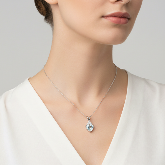 10K White Gold Heart Cut Aquamarine Pendant with Diamond Accent Bail
