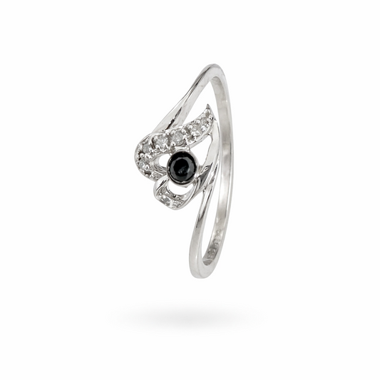 10K White Gold Open Heart with Diamond Accents & Black CZ Ring