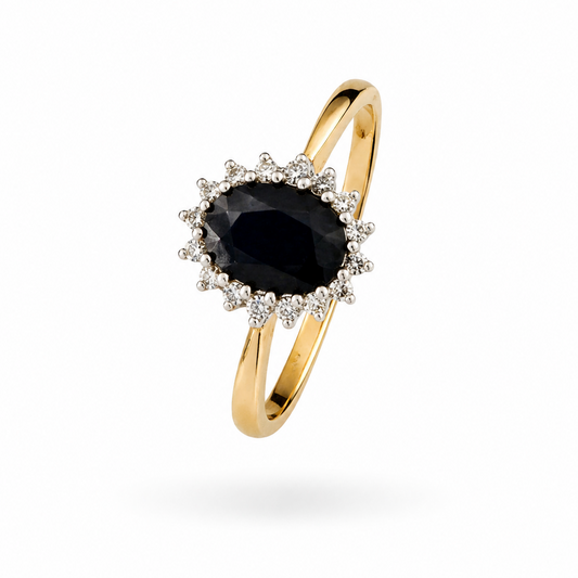10K Yellow Gold Oval Sapphire Halo Ring with Diamond Accents