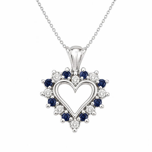 10K White Gold Sapphire Diamond Open-Heart Pendant 15mm