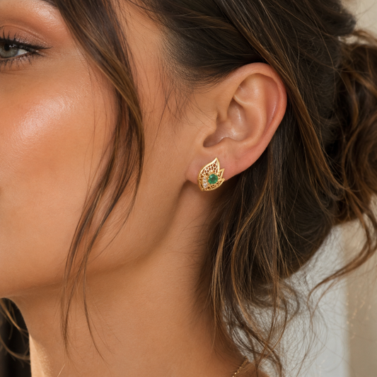 14K Yellow Gold Emerald and Diamond Leaf Filigree Earrings