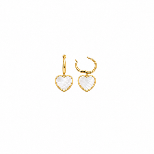 14K Yellow Gold Heart Mother of Pearl Hoop Earrings