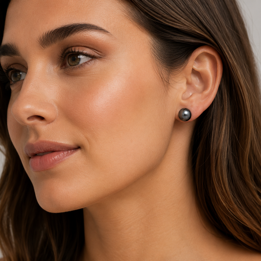 14K White Gold Tahitian Black Pearl Stud Earrings