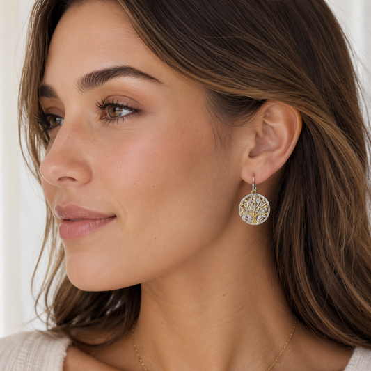 925 Sterling Silver Gold Plated Two Layer Tree of Life Earrings