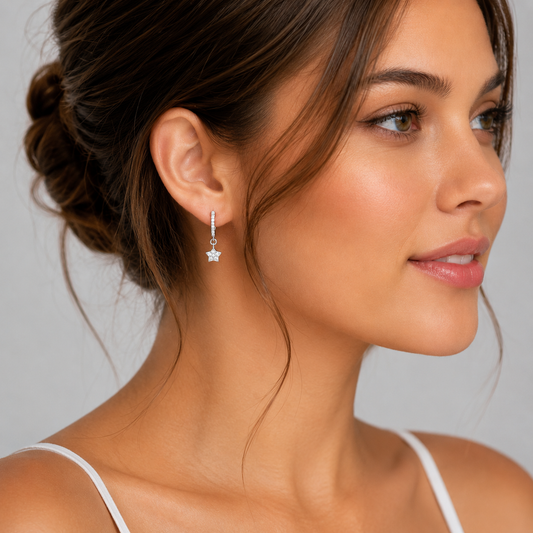 925 Sterling Silver Rhodium-Plated Dangling CZ Star Huggie Hoop Earrings