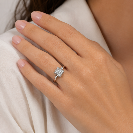 18K White Gold Square Cluster Diamond Ring