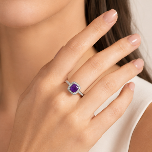 14K White Gold Cushion Amethyst & Diamond Halo Ring