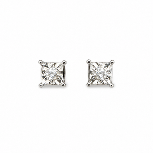 10k White Gold Diamond Squared Shaped Studs Earrings