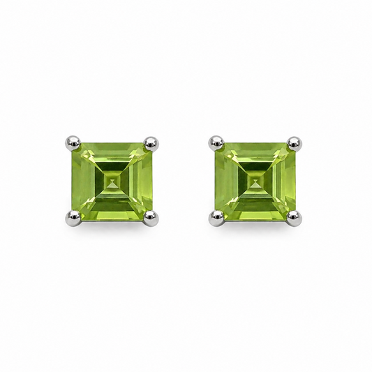 10K White Gold Princess Cut Peridot Stud Earrings