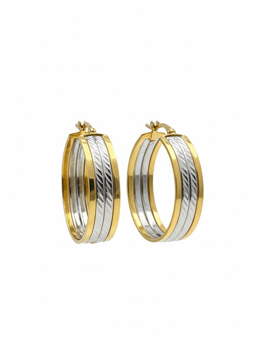 10K Two Tone Gold Textured Hoop Earrings 7mm