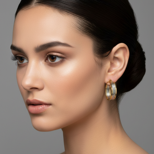 10K Two Tone Gold Textured Hoop Earrings 7mm